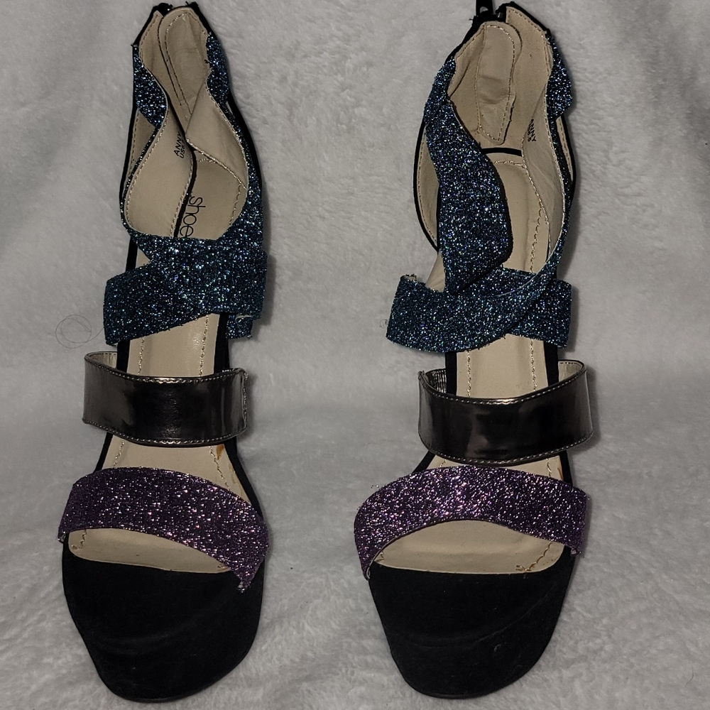 Black, silver, blue, purple heeled sandals